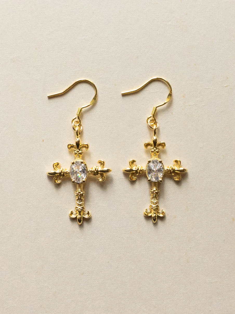 Baroque Fleur De Lis Cross Earrings