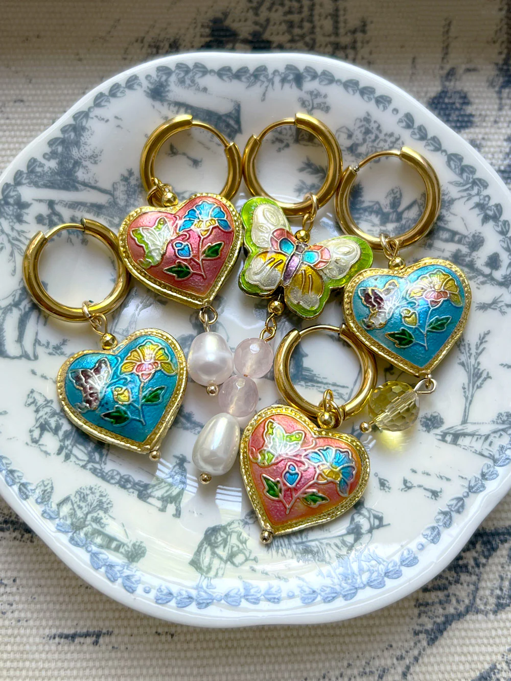 Blue Cloisonne Heart Hoops - Image 3