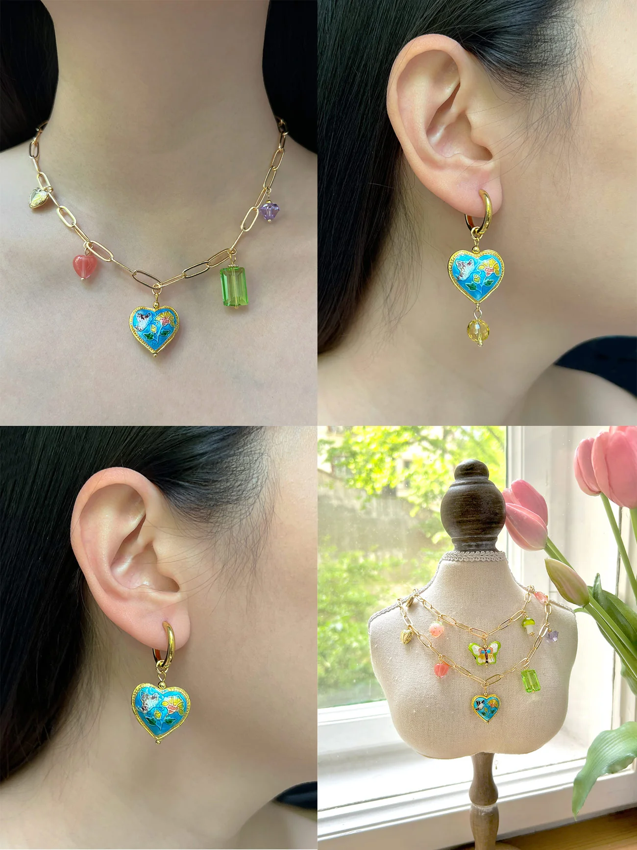 Blue Cloisonne Heart Hoops - Image 4