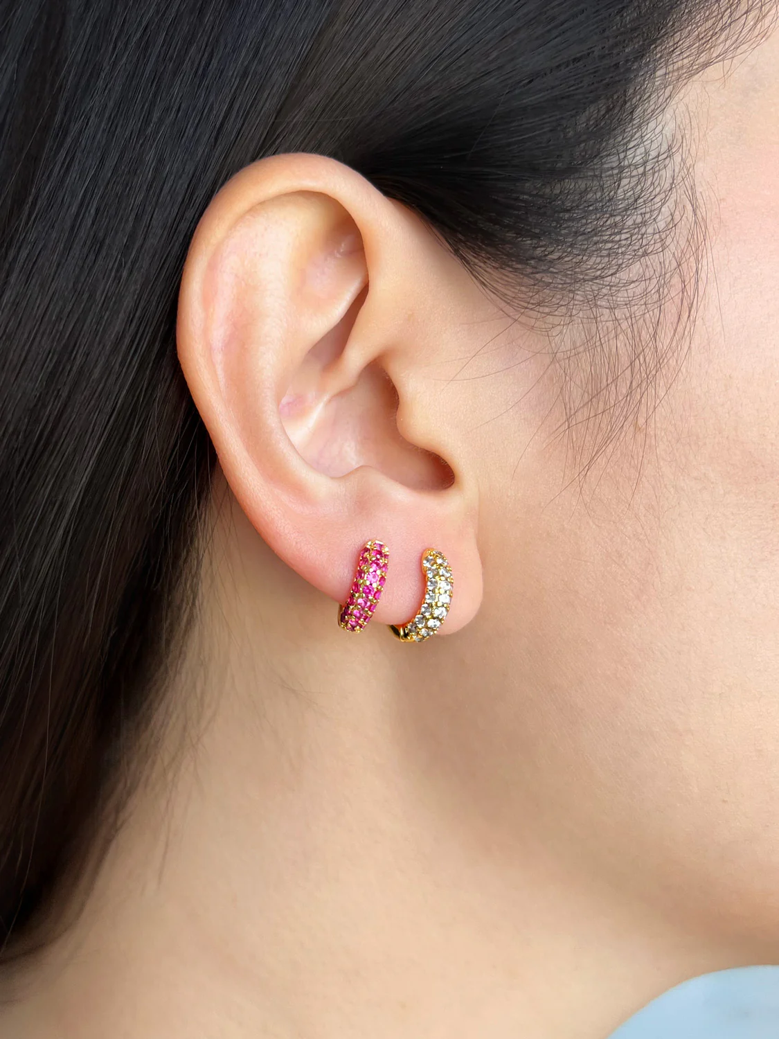 Chunky Gemstone-Encrusted Huggies, S925 - Magenta Pink, Gold - Image 3