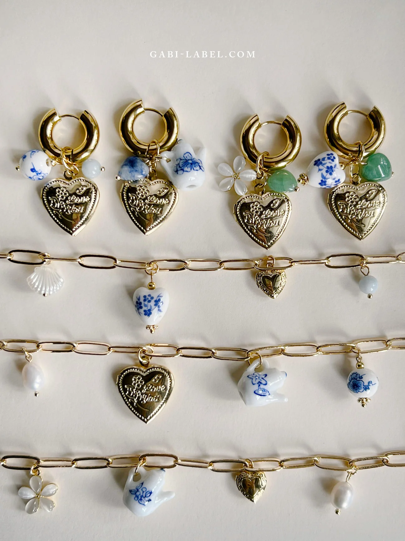 Chunky Heart Locket Hoops - Blue Ceramic Heart/Green Stones - Image 8