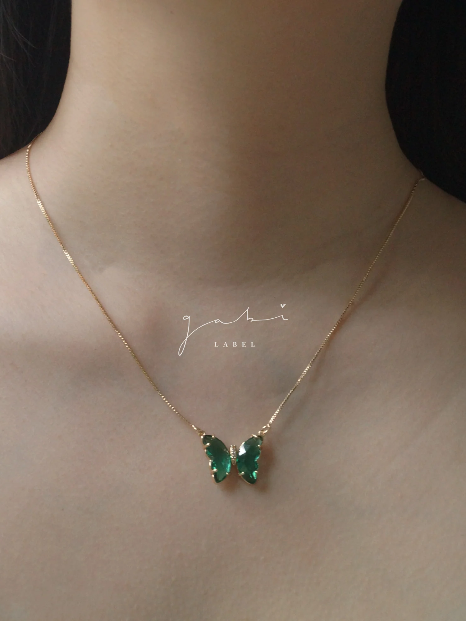 Crystal Butterfly Necklace - Emerald Green - Image 2
