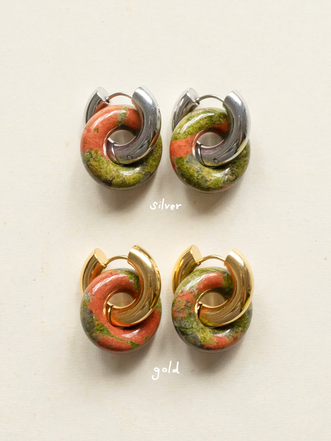 Donut Hoops, Silver - Unakite - Image 4