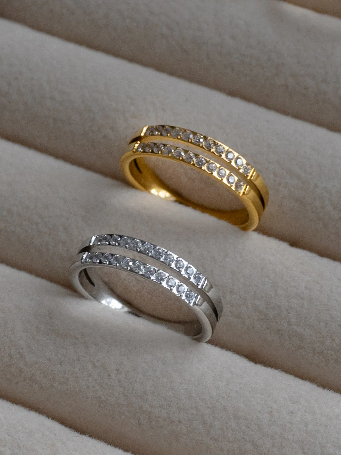 Double Gemstone-Lined Ring, Stainless Steel - Silver - Image 2