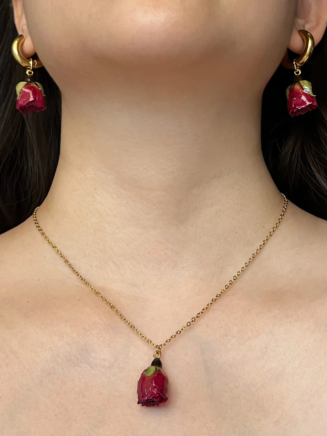 Dried Blood Red Rose Bud Necklace - Stainless Steel, Gold