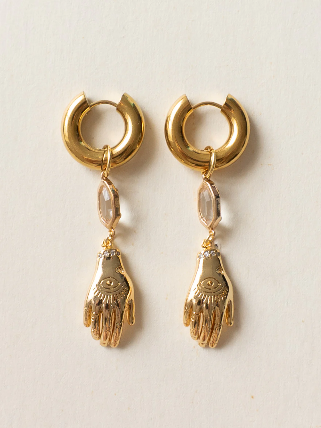 Evil Eye Hand Gemstone Chunky Hoops - Clear