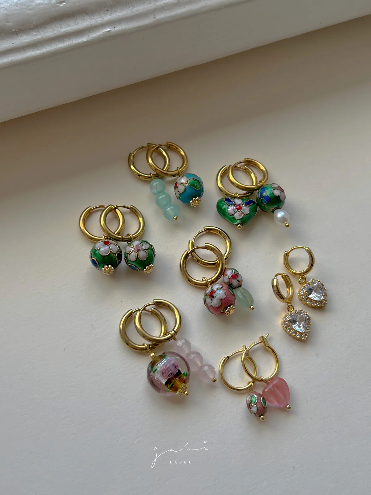 Flower Cloisonne & Little Stone Mismatched Hoops - Yellow - Image 5