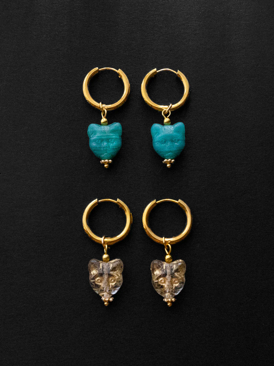 Glass Carved Cat Hoops - Turquoise - Image 4