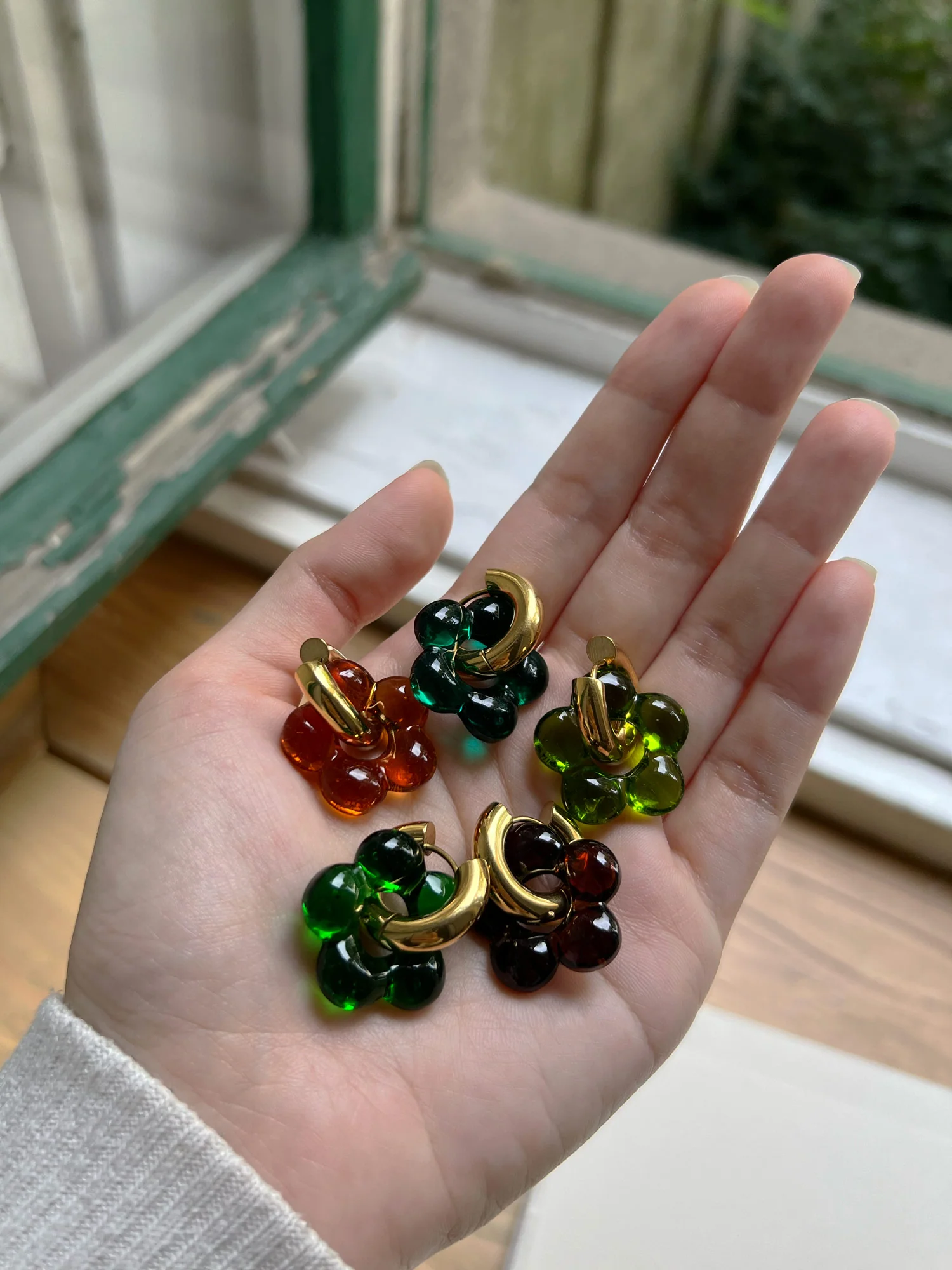 Glass Flower Donut Hoops - Pistachio Green - Image 3