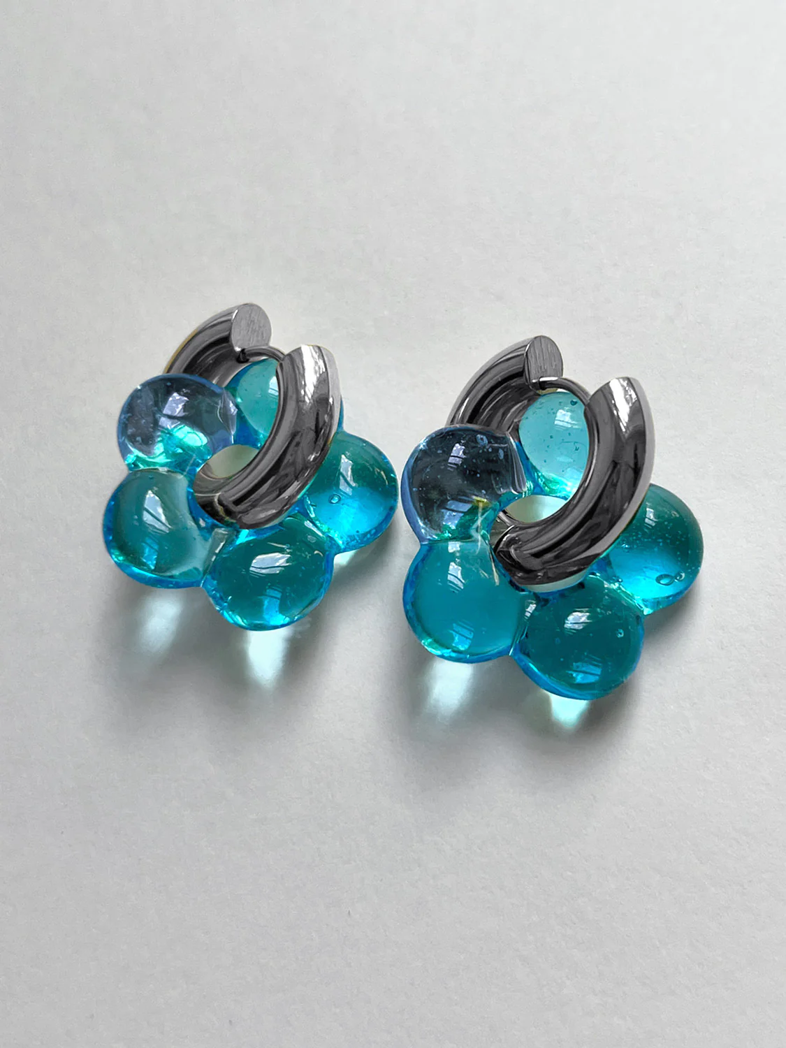 Glass Flower Donut Hoops, Silver - Aqua