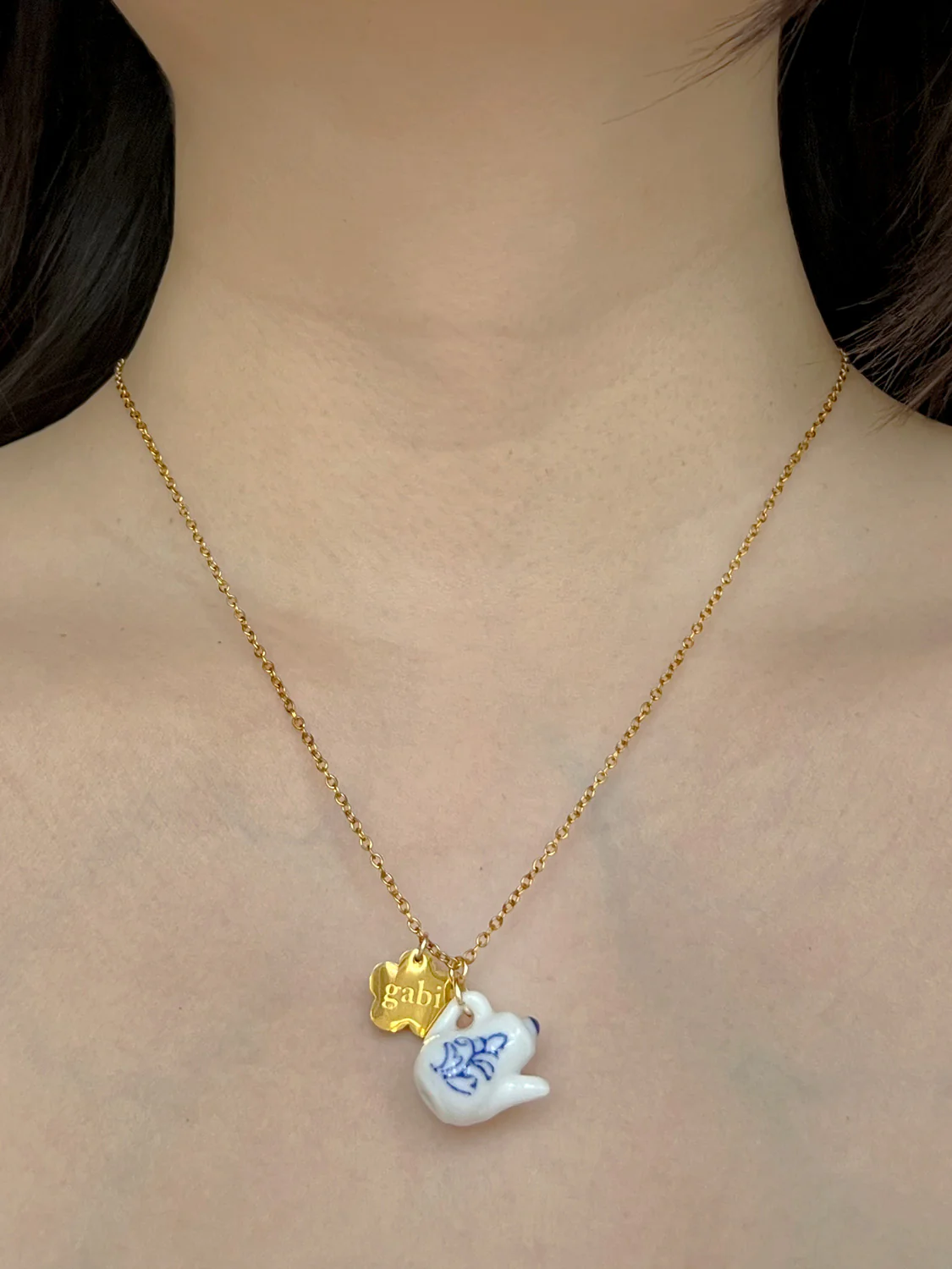 Gold Gabi Charm Necklace, Stainless Steel - Ceramic Teapot - Image 2