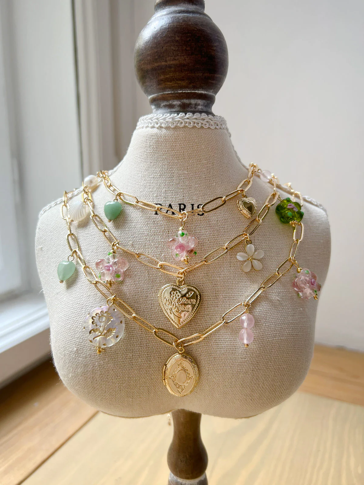 Heart Locket Charm Necklace - Glass Flowers - Image 7