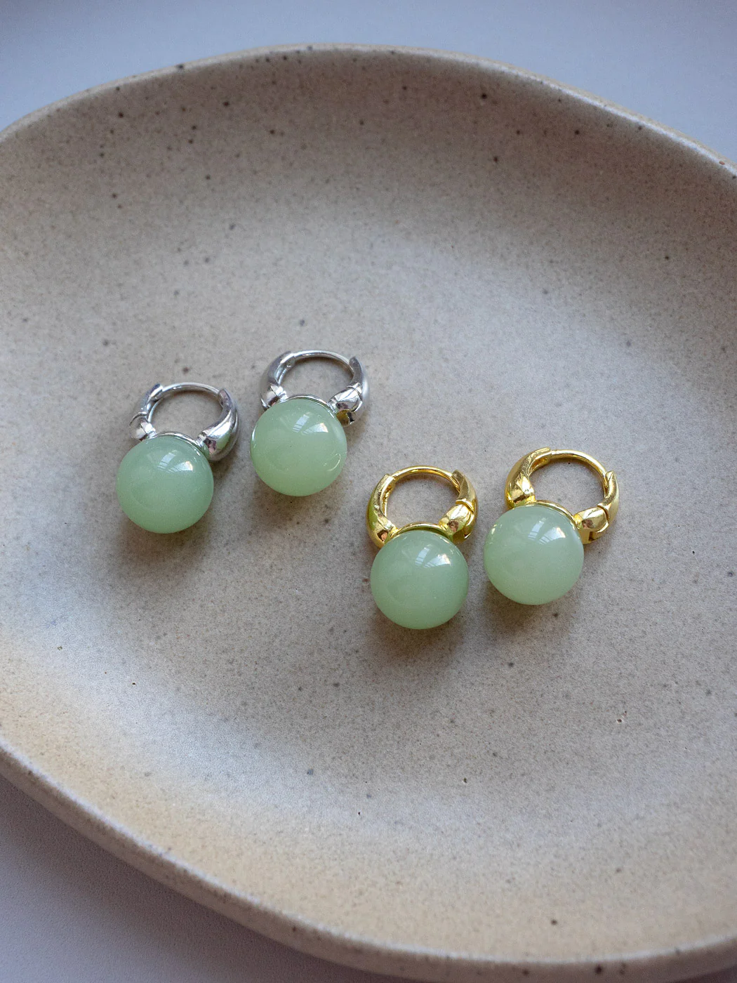 Jade Ball Mini Hoops, S925 - Gold, Light Green - Image 5