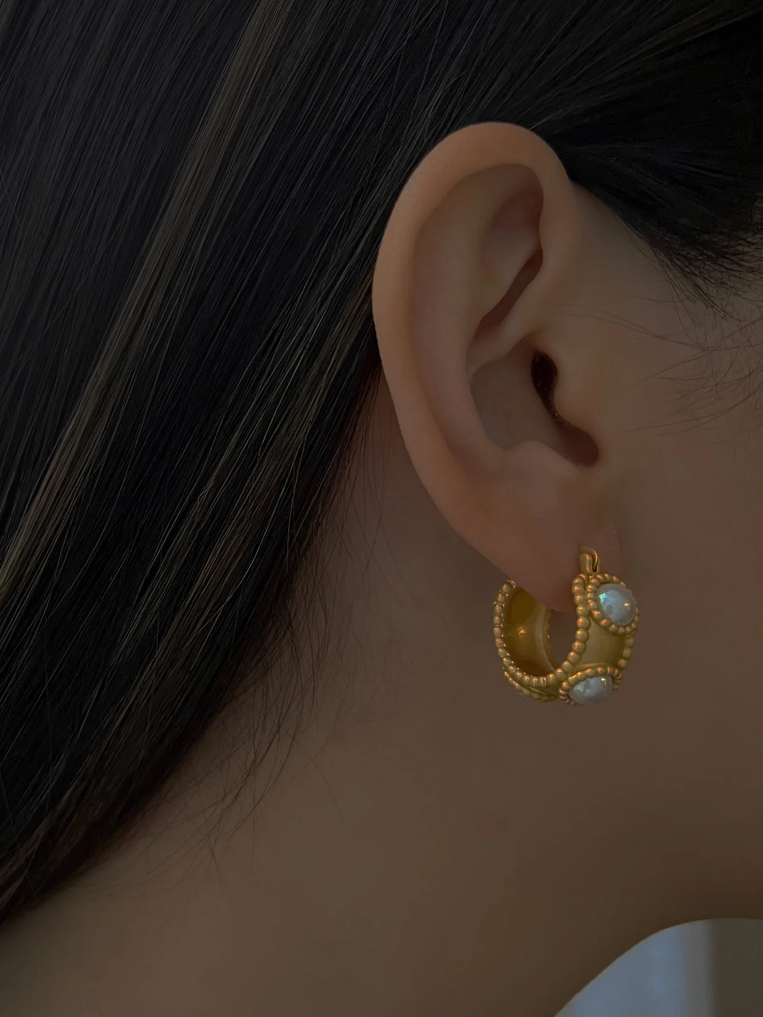Matte Gold Vintage Pearl Hoops - Image 2