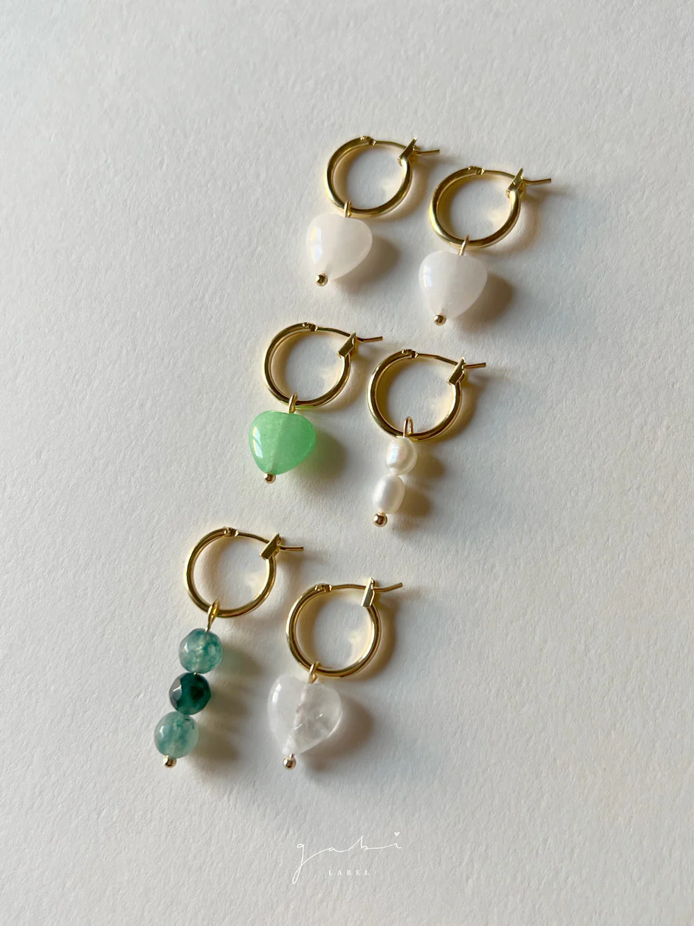 Mismatched Stone Hoop Earrings - Clear Quartz/Green - Image 4