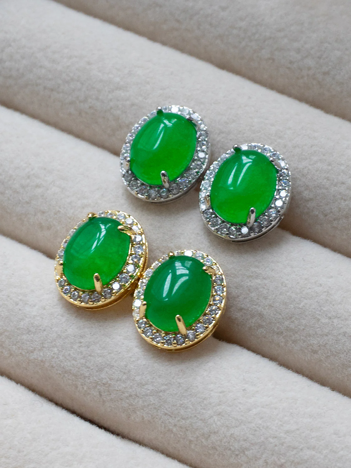 Oval Jade Gemstone Pavé Earstuds - Dark Green, Gold - Image 5
