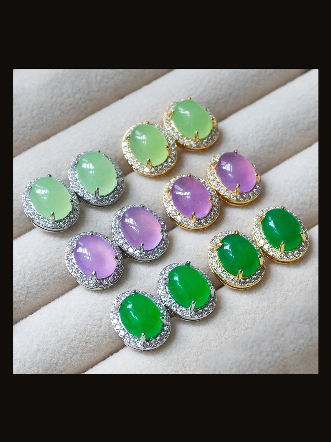 Oval Jade Gemstone Pavé Earstuds - Light Green, Gold - Image 6