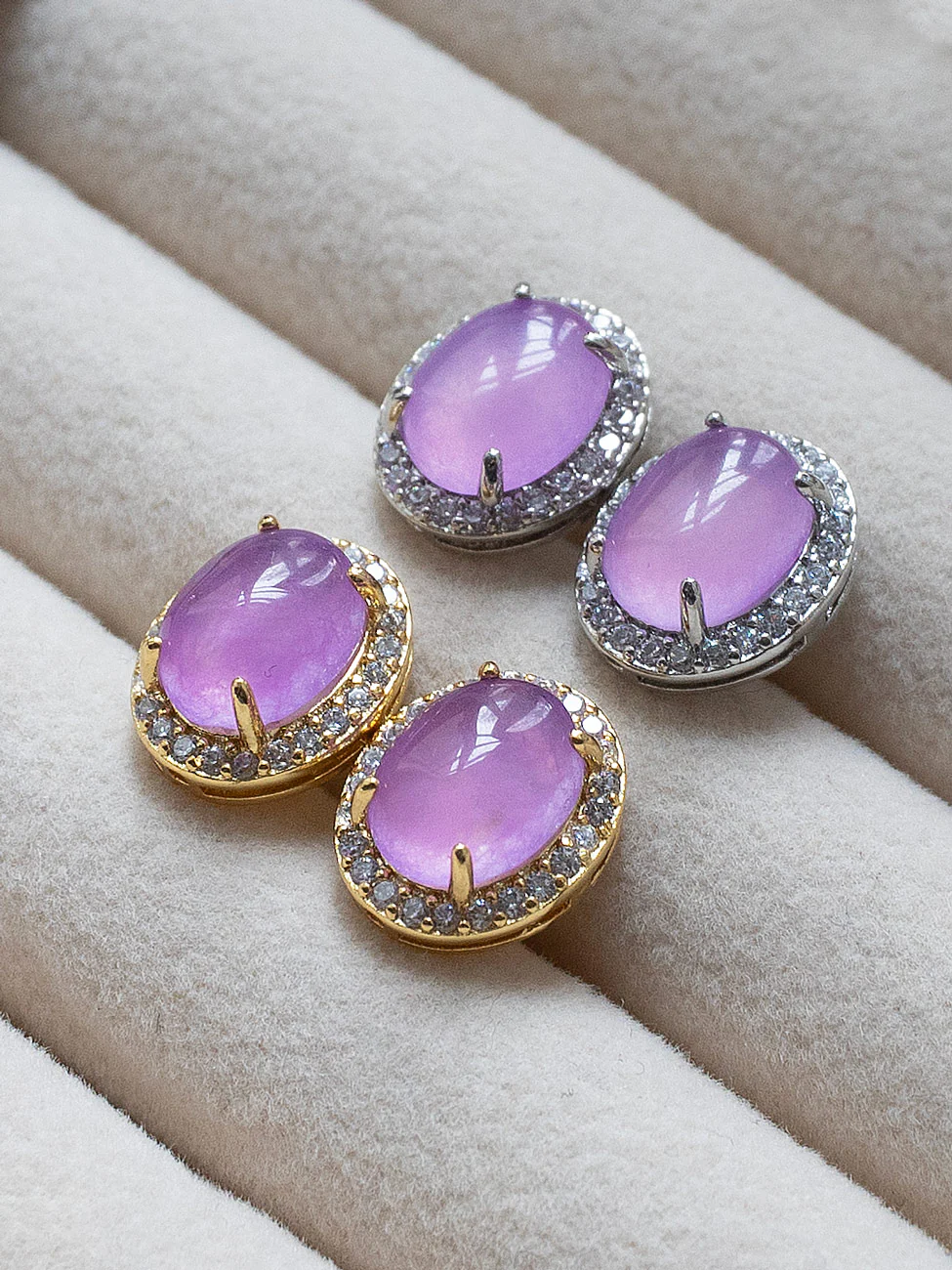 Oval Jade Gemstone Pavé Earstuds - Purple, Gold - Image 2