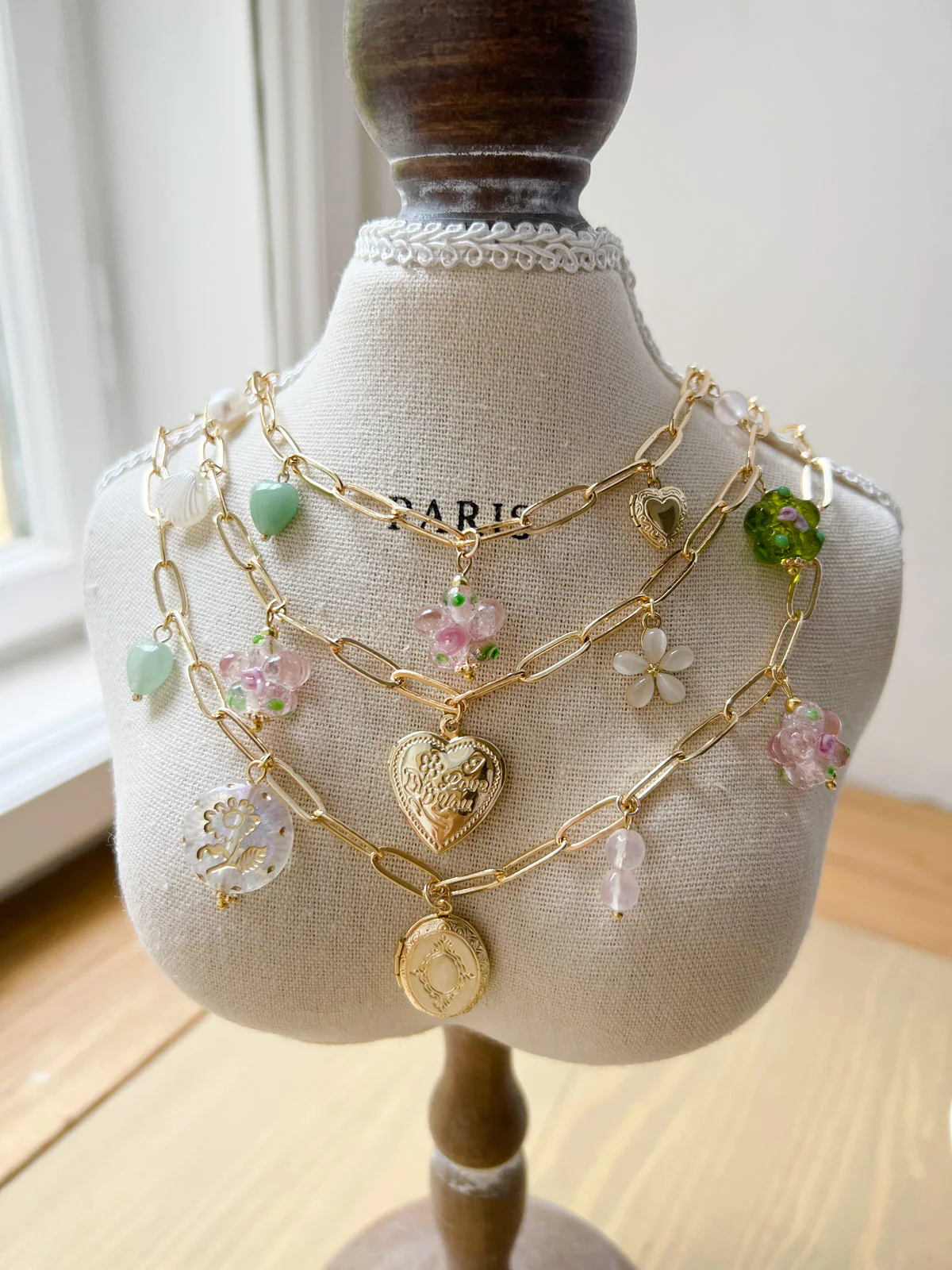 Oval Locket Charm Necklace - Glass Flower/Crystals - Image 5