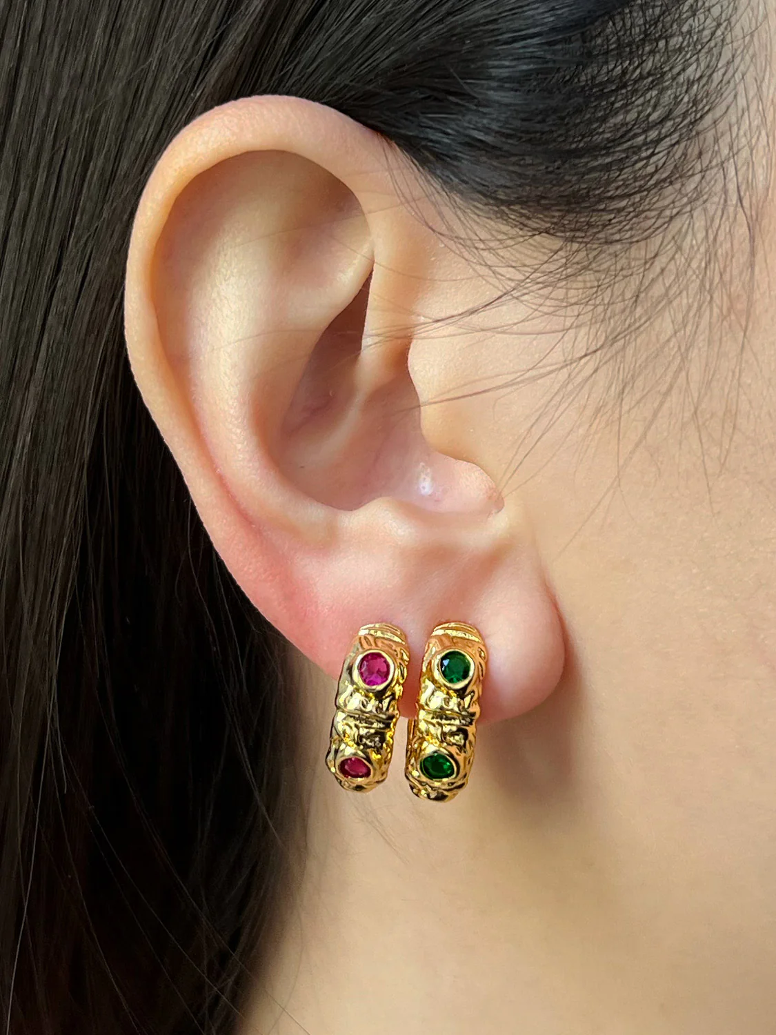 Petite Baroque Gem-encrusted Hoops - Emerald Green - Image 2