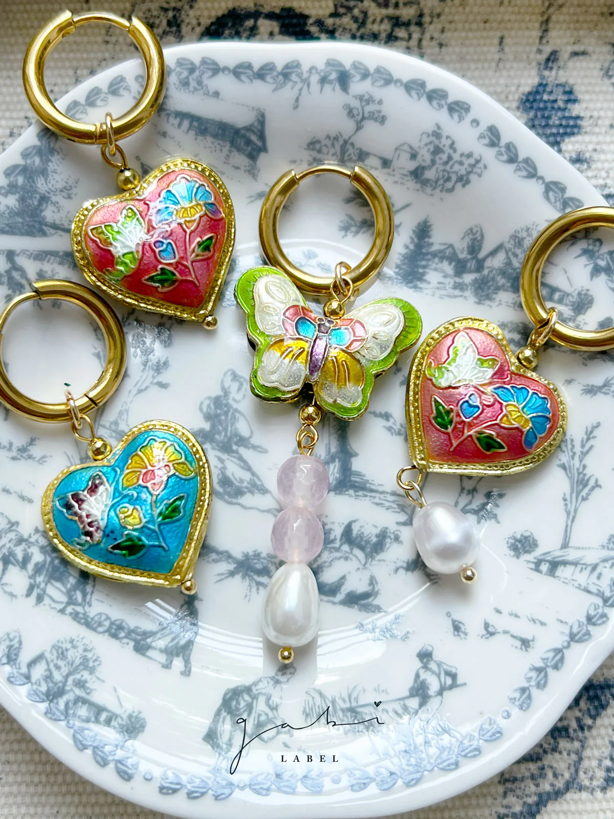 Pink Cloisonne Heart Dangling Earrings with Pearl - Image 5