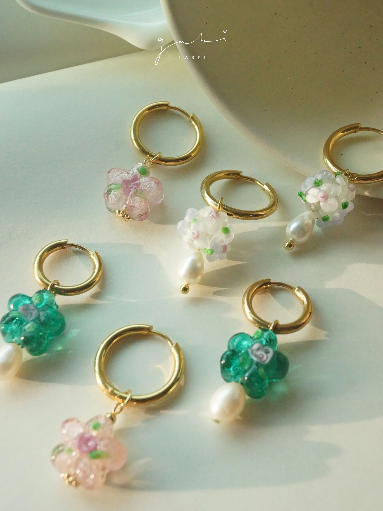 Pink Glass Flower Hoop Earrings - Image 9