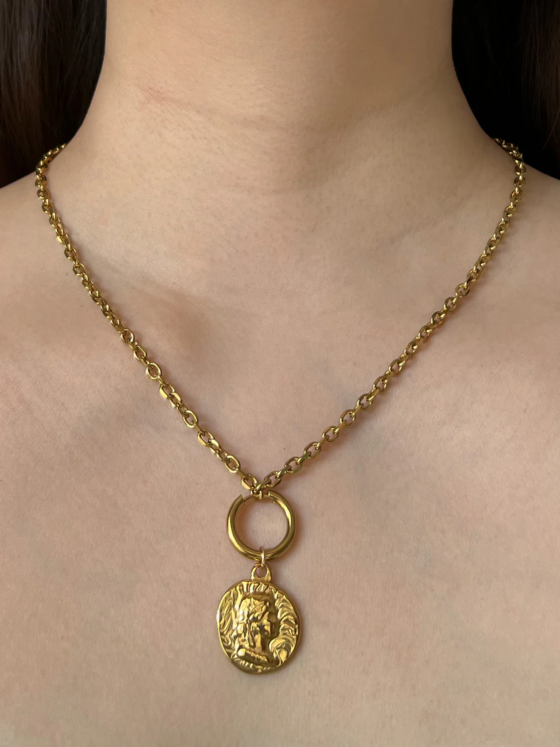 Roman Coin Talisman Necklace - Stainless Steel, Gold