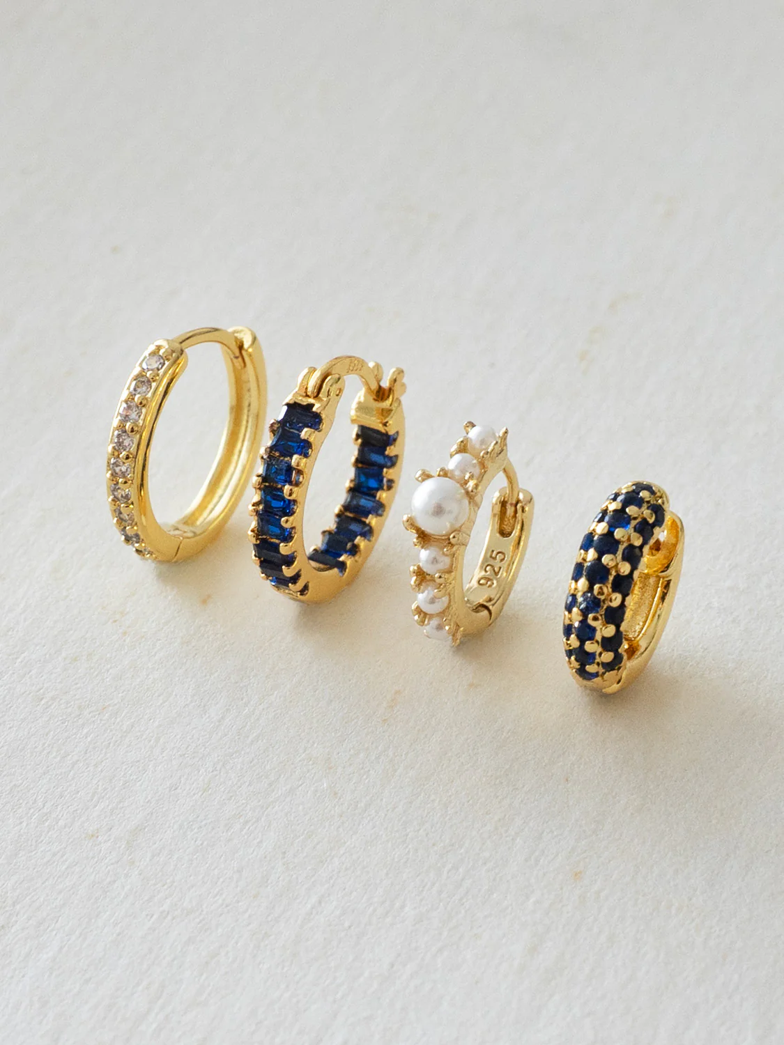 Chunky Gemstone-Encrusted Huggies, S925 - Royal Blue, Gold - Image 4