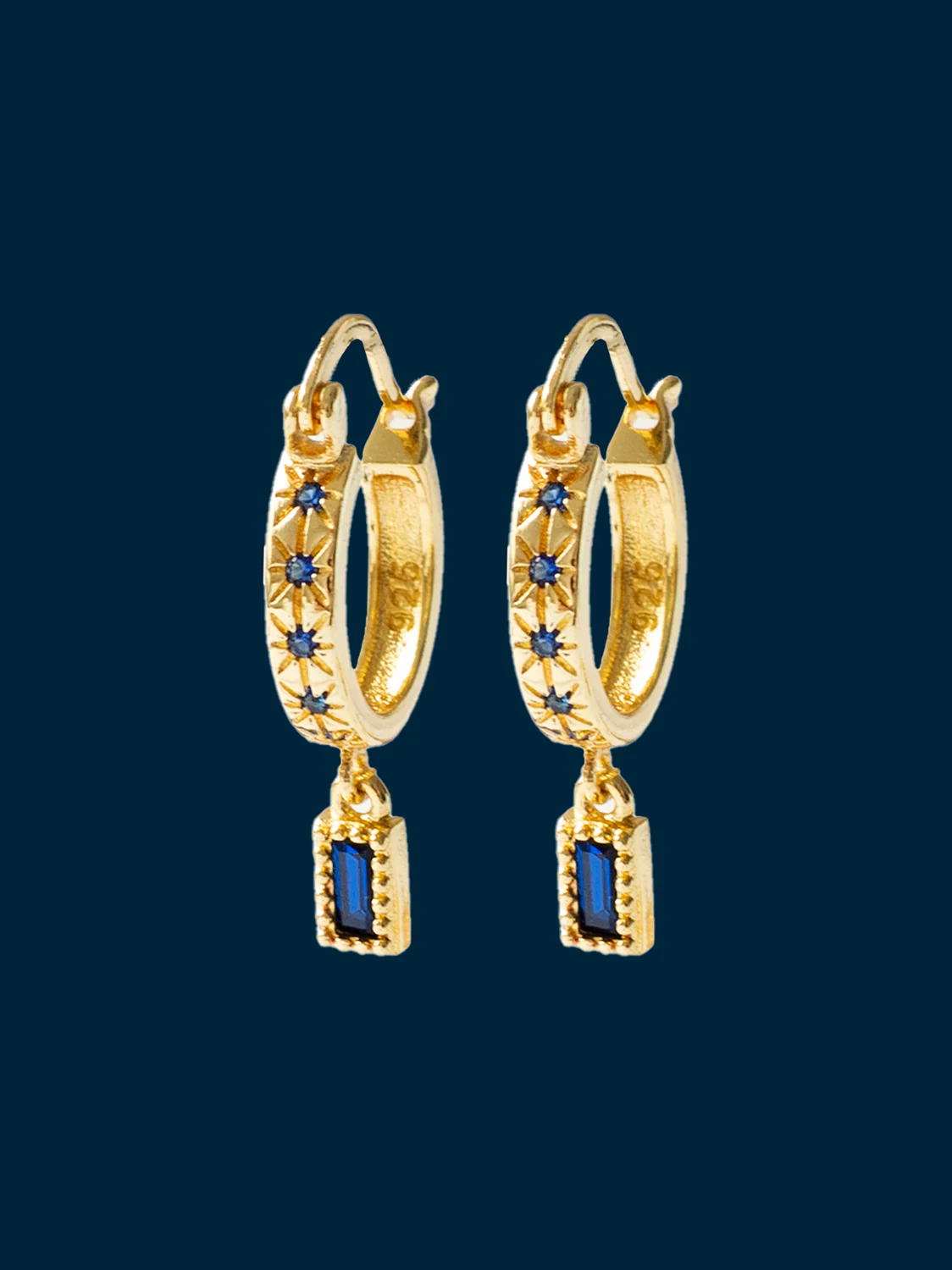 Starburst Huggies with Rectangular Gemstone, S925 - Blue, Gold