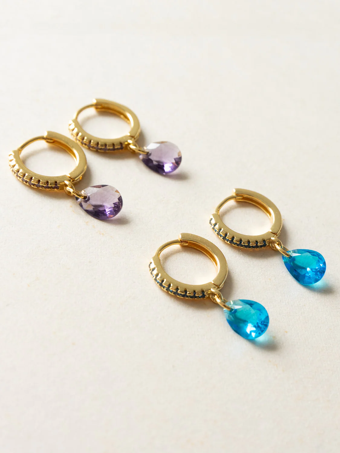 Teardrop Dangle Huggies, S925 - Aqua Blue, Gold - Image 2