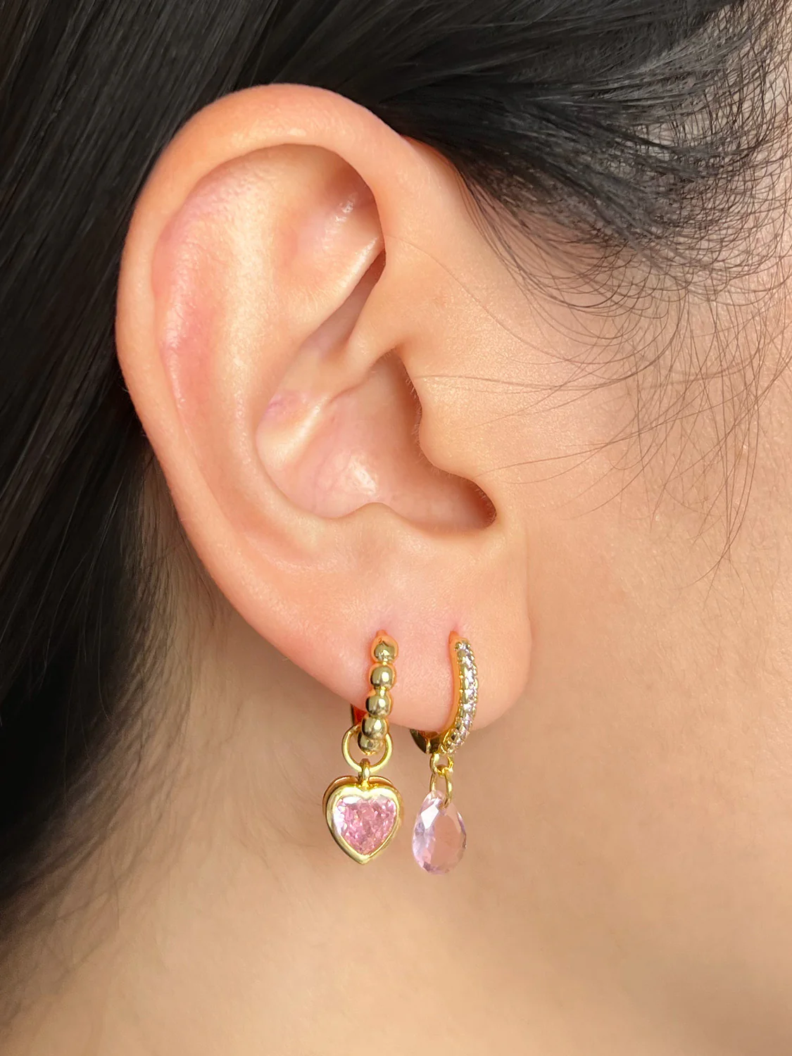Teardrop Dangle Huggies, S925 - Light Pink, Gold - Image 3
