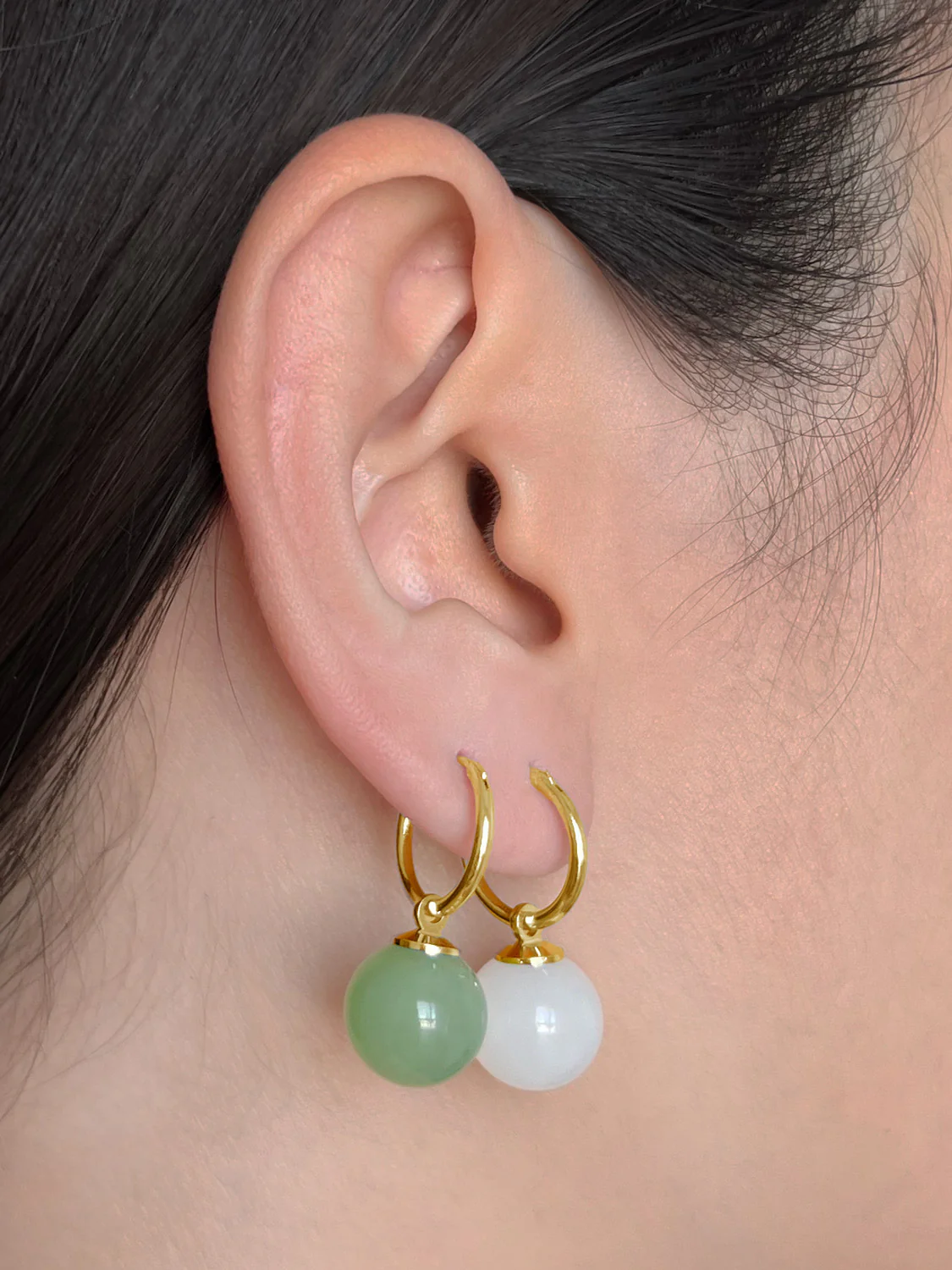 White Jade Ball Hoops, S925 - Gold - Image 5