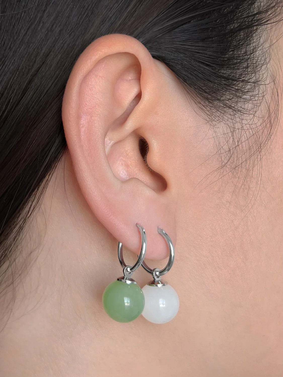 Green Jade Ball Hoops, S925 - Silver - Image 3